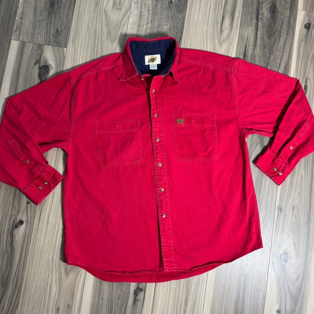 Field Gear Mens Large Red Cotton Twill Long Sleeve Button Down Work Shirt Navy